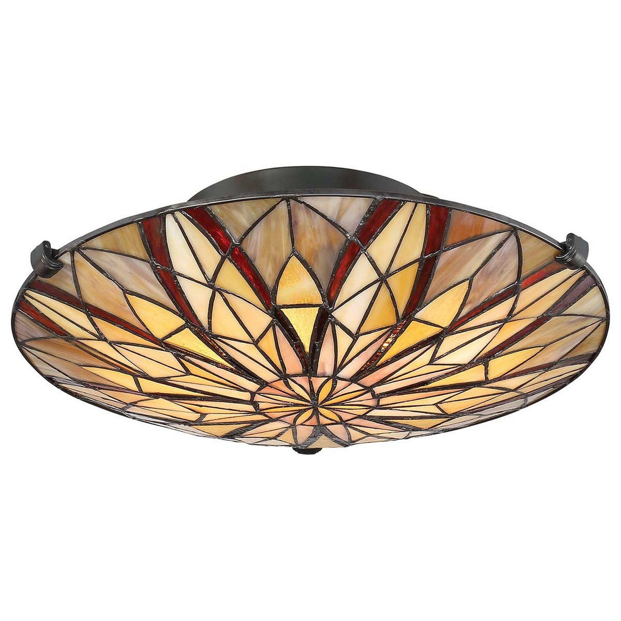 The Victory 2 Light Tiffany Semi-Flush in Valiant Bronze features a stunning circular stained glass design that highlights geometric patterns in rich hues of orange, yellow, and red. The detailed glasswork is elegantly supported by a valiant bronze metal framework, offering an artistic and sophisticated look.