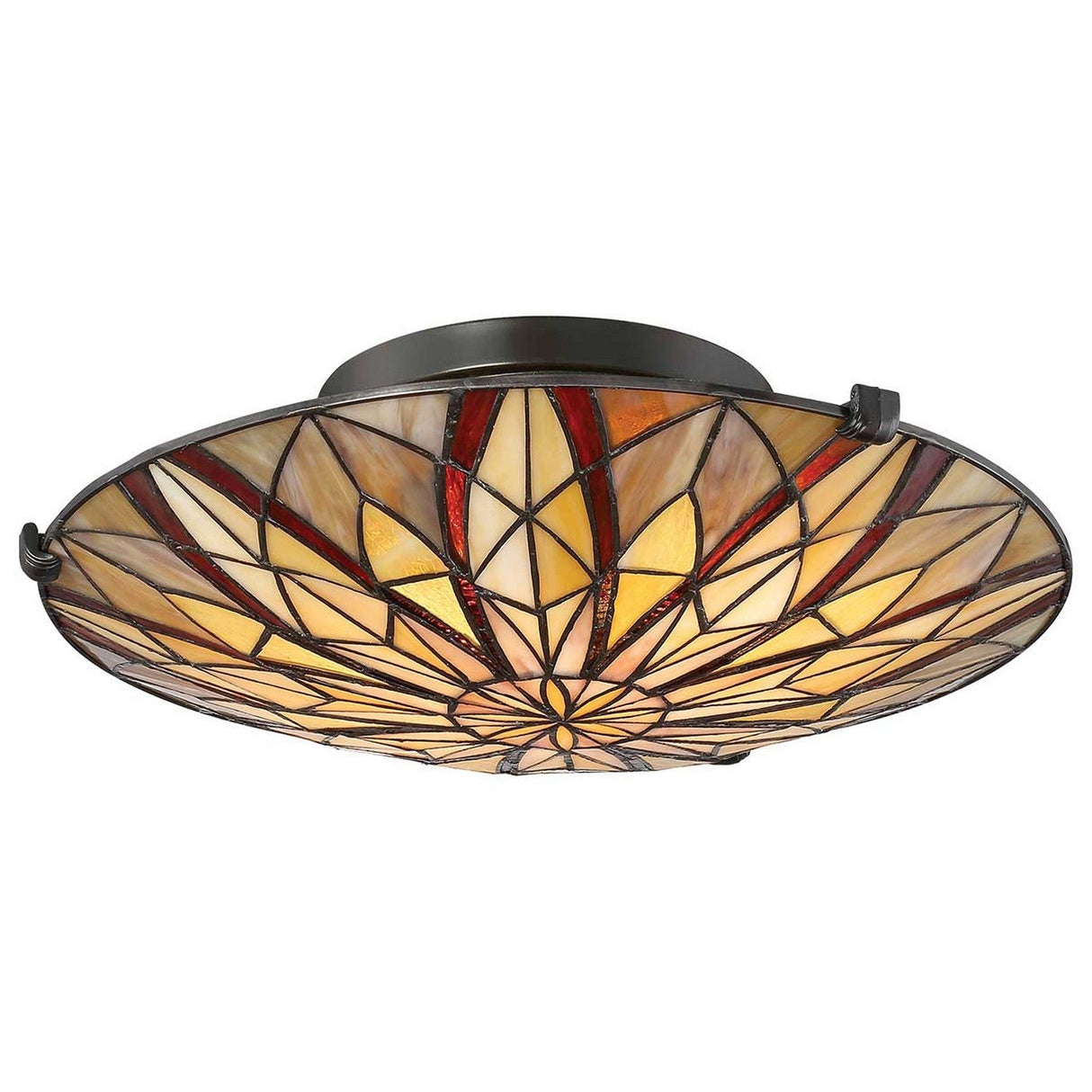 The Victory 2 Light Tiffany Semi-Flush - Valiant Bronze showcases a stained glass effect with a geometric sunburst design in shades of red, orange, and cream. Its circular pattern offers a warm and elegant appearance when paired with the Valiant Bronze frame.