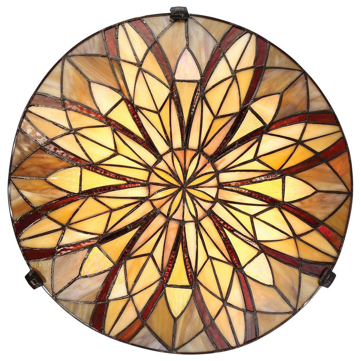 The Victory 2 Light Tiffany Semi-Flush in Valiant Bronze showcases a circular stained glass window with a symmetrical pattern of yellow, brown, and red geometric shapes resembling a floral motif. This design radiates from the center, creating an intricate kaleidoscope effect.