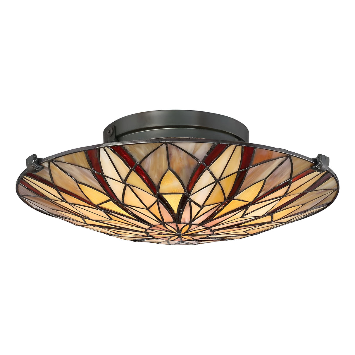 The Victory 2 Light Tiffany Semi-Flush features a stained glass effect with a circular design in shades of yellow, amber, and red. It's elegantly mounted on a Valiant Bronze base, bringing sophistication to any room.