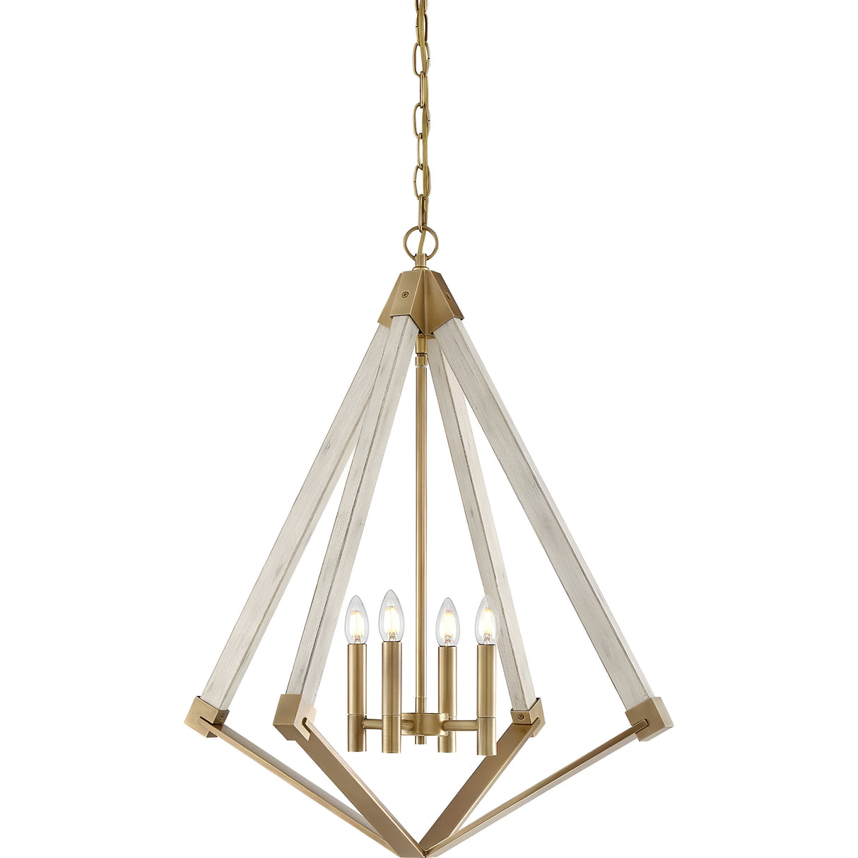 The View Point 4 Light Chandelier features an open geometric design with weathered brass accents hanging from a chain. Its four candle-like bulbs and whitewash wood effect blend contemporary elegance with rustic charm.