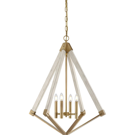 The View Point 4 Light Chandelier features an open geometric design with weathered brass accents hanging from a chain. Its four candle-like bulbs and whitewash wood effect blend contemporary elegance with rustic charm.