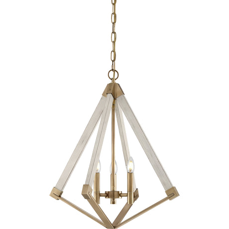 The View Point 3 Light Chandelier showcases a contemporary geometric design with three candle-style bulbs. It features a brushed gold finish complemented by whitewash wood effects and weathered brass accents on the angled bars, elegantly suspended from a matching chain.