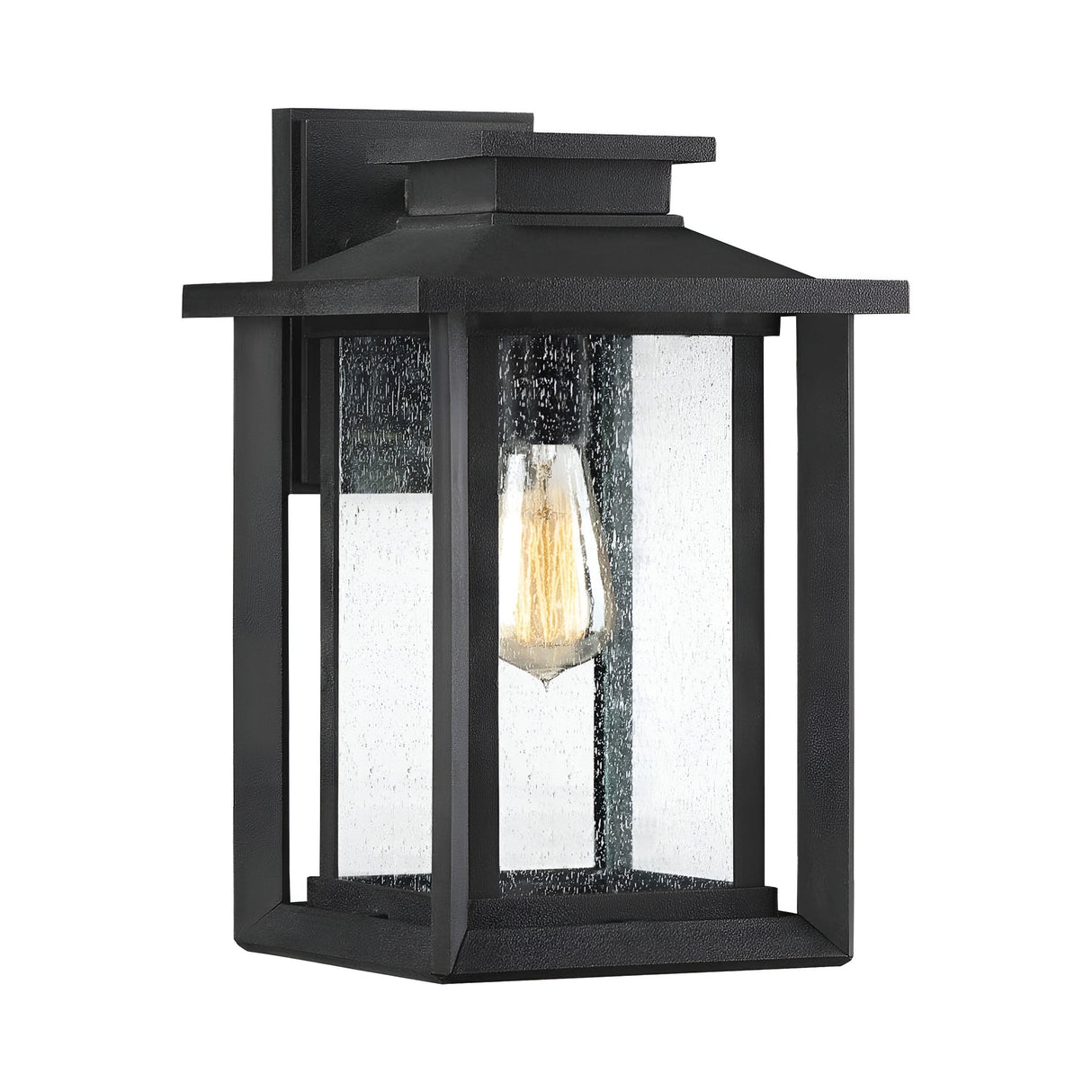 The Wakefield Outdoor 1 Light Medium Wall Lantern - Earth Black features a weather-resistant design with clear glass panels and a metal frame in Earth Black, highlighting an elegant exposed bulb style.