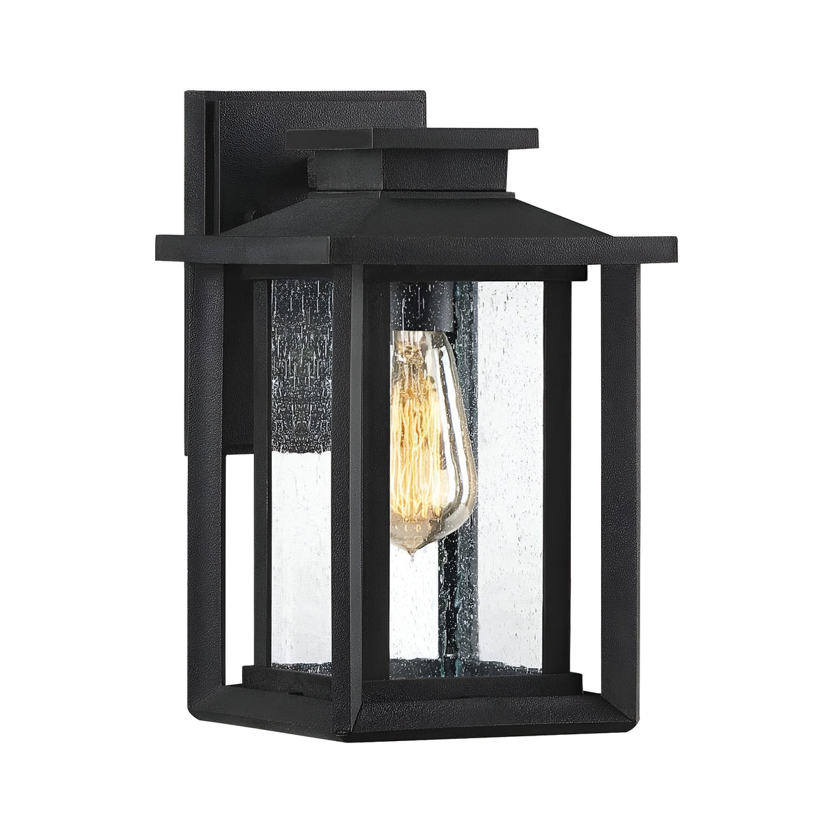 The Wakefield Outdoor 1 Light Small Wall Lantern in Earth Black features a weather-resistant, black rectangular design with clear glass panels that reveal a vintage-style filament bulb. Its simple and modern aesthetic makes it ideal for exterior lighting.