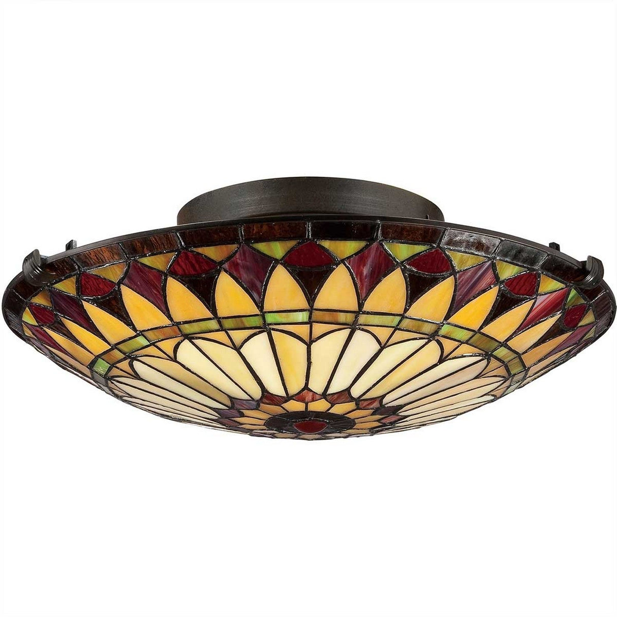 The West End 2 Light Medium Floating Tiffany Flush in Vintage Bronze features a circular stained glass ceiling design that highlights Tiffany-style artistry with warm shades of yellow, red, and green. Its vintage bronze frame introduces intricate detailing for an elegant and classic look.