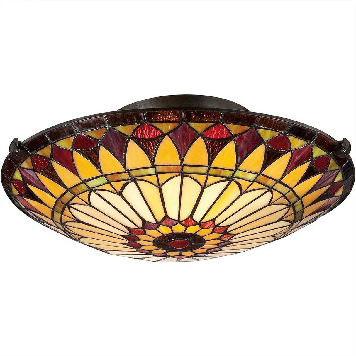 Introducing the West End 2 Light Medium Floating Tiffany Flush in Vintage Bronze, featuring a stained glass ceiling light fixture that showcases Tiffany-style artistry. The sunburst pattern expressed in vibrant shades of yellow, red, and orange is elegantly set within its circular frame, offering a timeless elegance to any room.