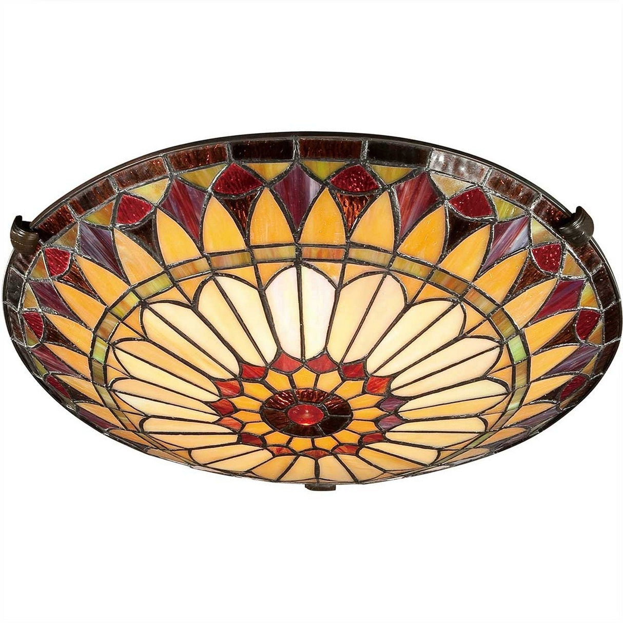 The West End 2 Light Medium Floating Tiffany Flush in Vintage Bronze displays Tiffany-style artistry with a circular design, featuring red, orange, and yellow glass pieces that radiate out from a small red center in intricate patterns.