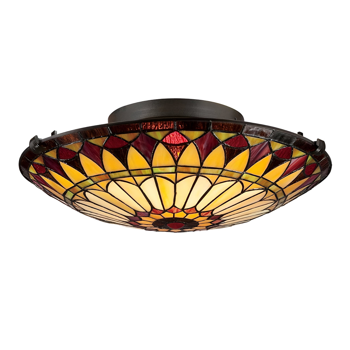 The West End 2 Light Medium Floating Tiffany Flush in Vintage Bronze showcases Tiffany-style artistry with its stained glass ceiling light fixture, featuring a floral pattern in yellow, orange, and red hues that evoke a classic design.