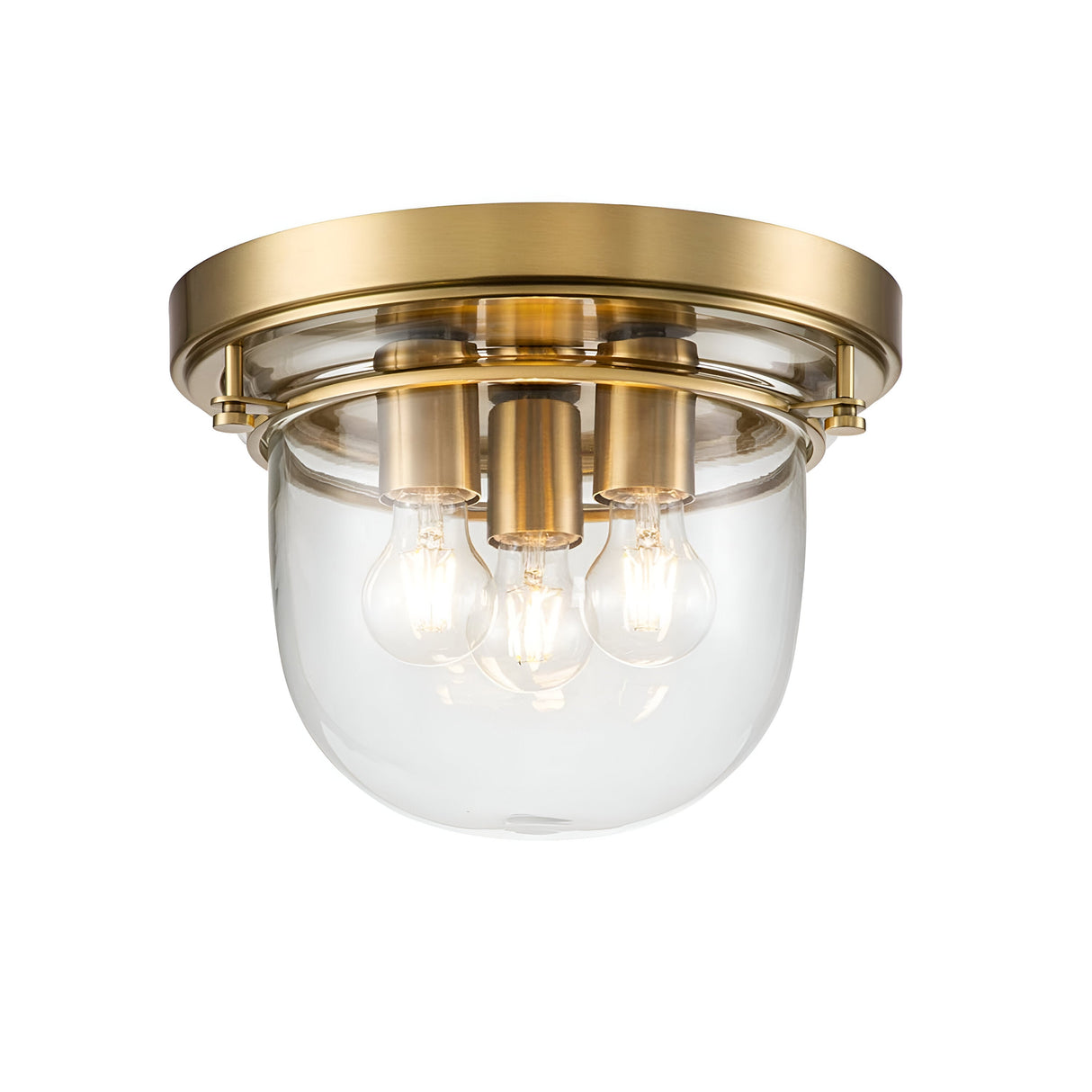 The Whistling 3 Light Flush in brushed brass boasts a round base with three exposed bulbs within a clear glass dome. Ideal for bathroom lighting, this IP44 rated fixture seamlessly blends modern and industrial styles.