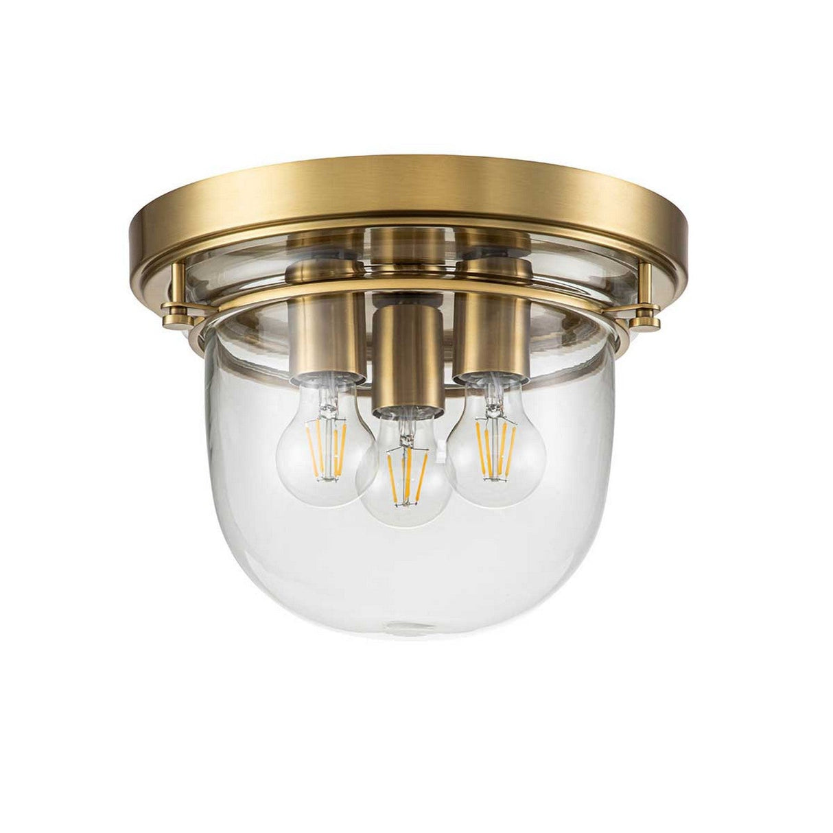 The Whistling 3 Light Flush in brushed brass features a clear glass cover and three exposed filament bulbs, set against a white background. It's an ideal choice for bathroom lighting with its IP44 rating for extra protection.