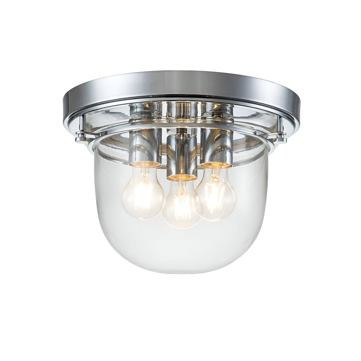 The Whistling 3 Light Flush - Polished Chrome, featuring a sleek and modern design, is perfect for contemporary bathroom lighting. It boasts a polished chrome finish with a clear glass dome and three exposed bulbs, creating an elegant modern aesthetic.