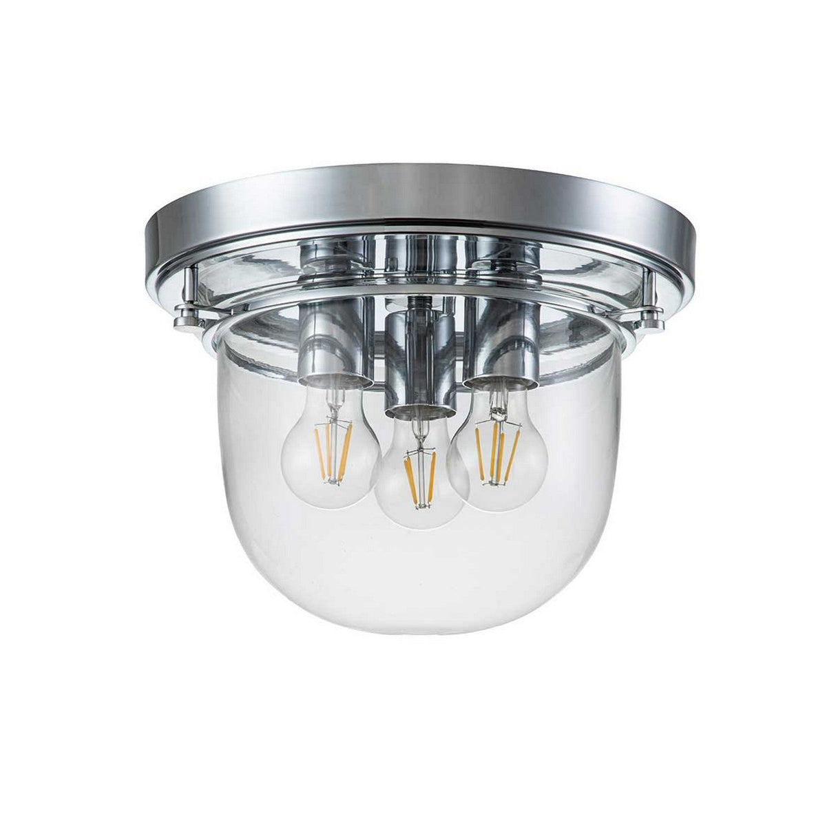 Introducing the Whistling 3 Light Flush in Polished Chrome, a contemporary ceiling-mounted light fixture featuring a sleek chrome base and a transparent glass dome. It is perfect for enhancing bathroom lighting with its three visible LED bulbs arranged in a circular pattern, embodying modern elegance.