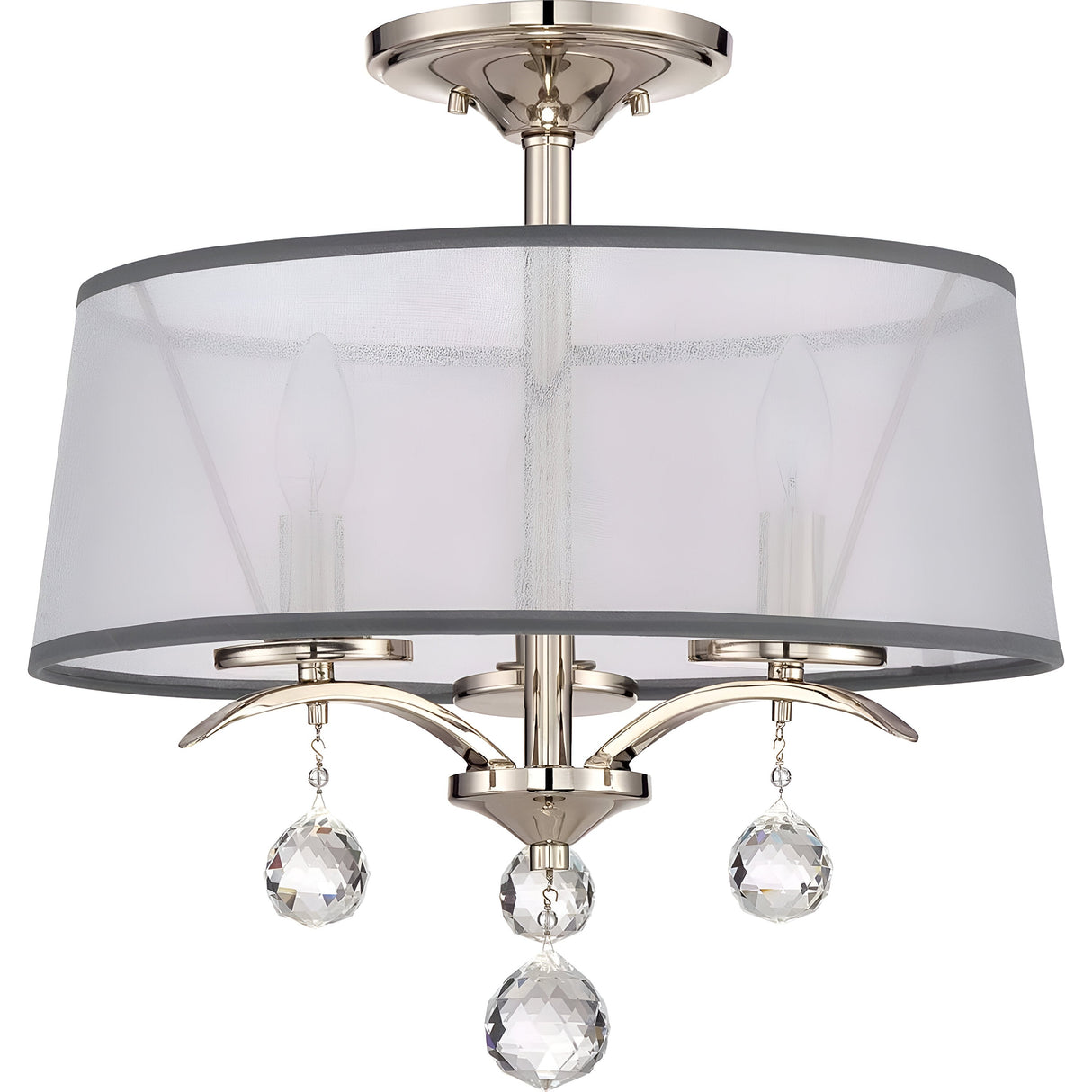 The Whitney 3 Light Semi-Flush - Imperial Silver ceiling fixture is designed with a translucent gray drum shade and brushed metal accents. It elegantly accommodates three candle-style bulbs and features crystal accents that add a sophisticated touch.