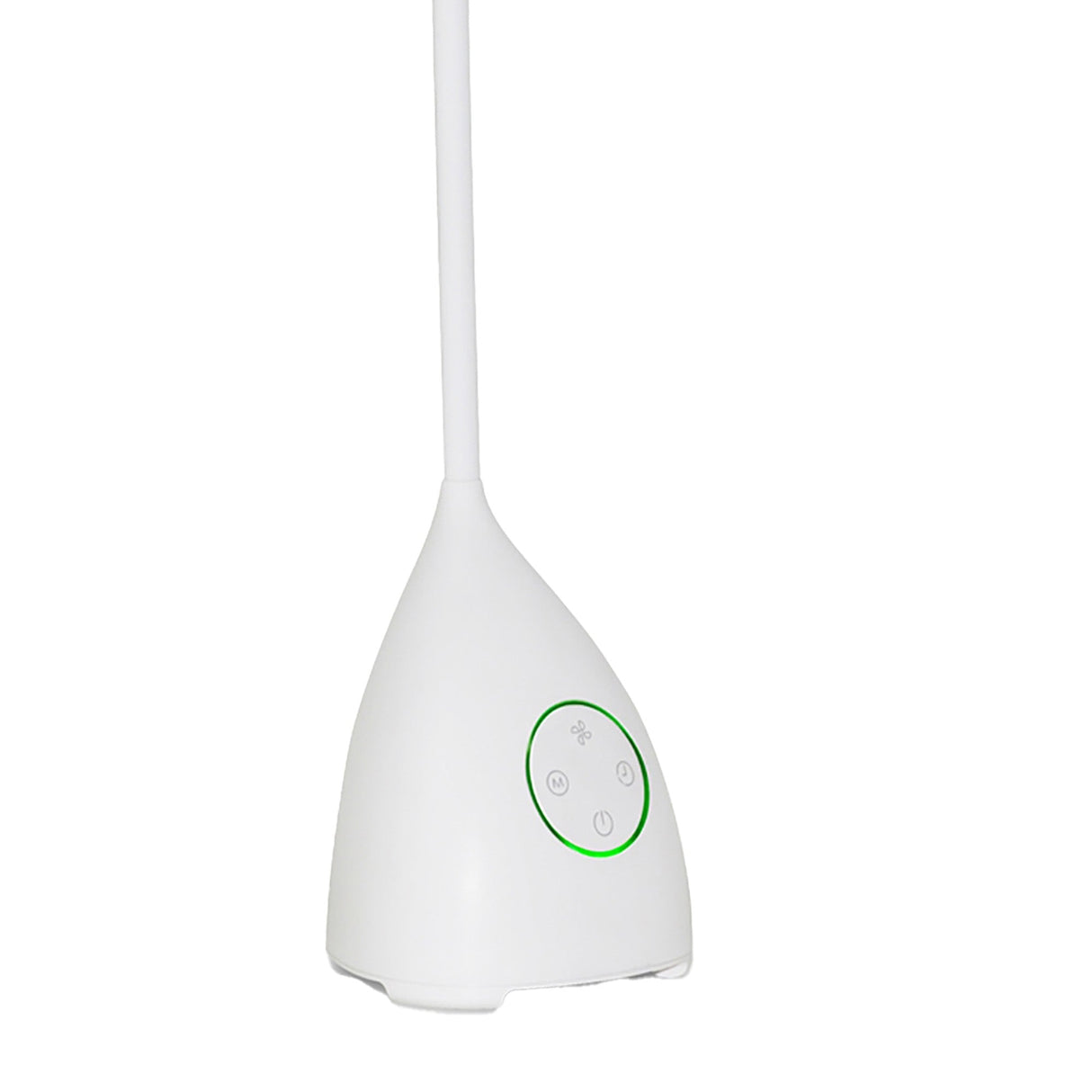 The white Reading Touch Dimmable LED Battery Outdoor Table Lamp With Fan features a narrow stem, teardrop base, and green-outlined control panel—ideal as a rechargeable desk fan lamp or adjustable reading light.