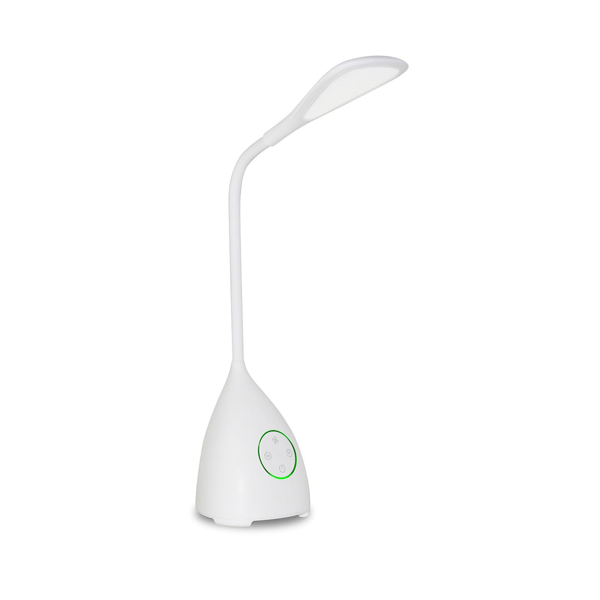 The Reading Touch Dimmable LED Battery Outdoor Table Lamp With Fan in white features a flexible neck, touch control panel with three green-ringed buttons, and is ideal as an adjustable reading light for any workspace.