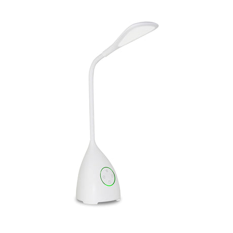 The Reading Touch Dimmable LED Battery Outdoor Table Lamp With Fan in white features a flexible neck, touch control panel with three green-ringed buttons, and is ideal as an adjustable reading light for any workspace.