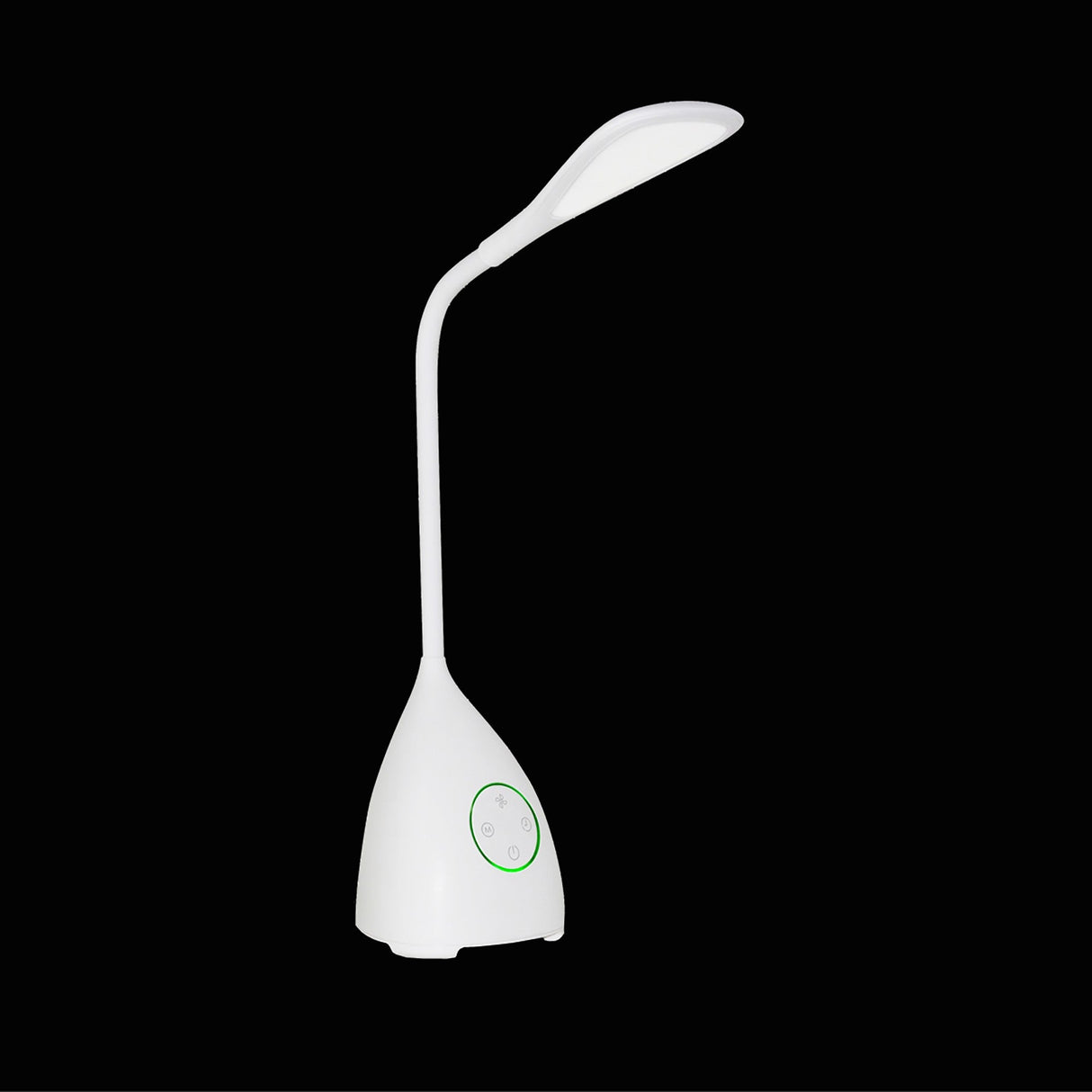 The Reading Touch Dimmable LED Battery Outdoor Table Lamp With Fan in white, featuring a flexible neck and touch controls for adjustable lighting, is displayed against a solid black background.