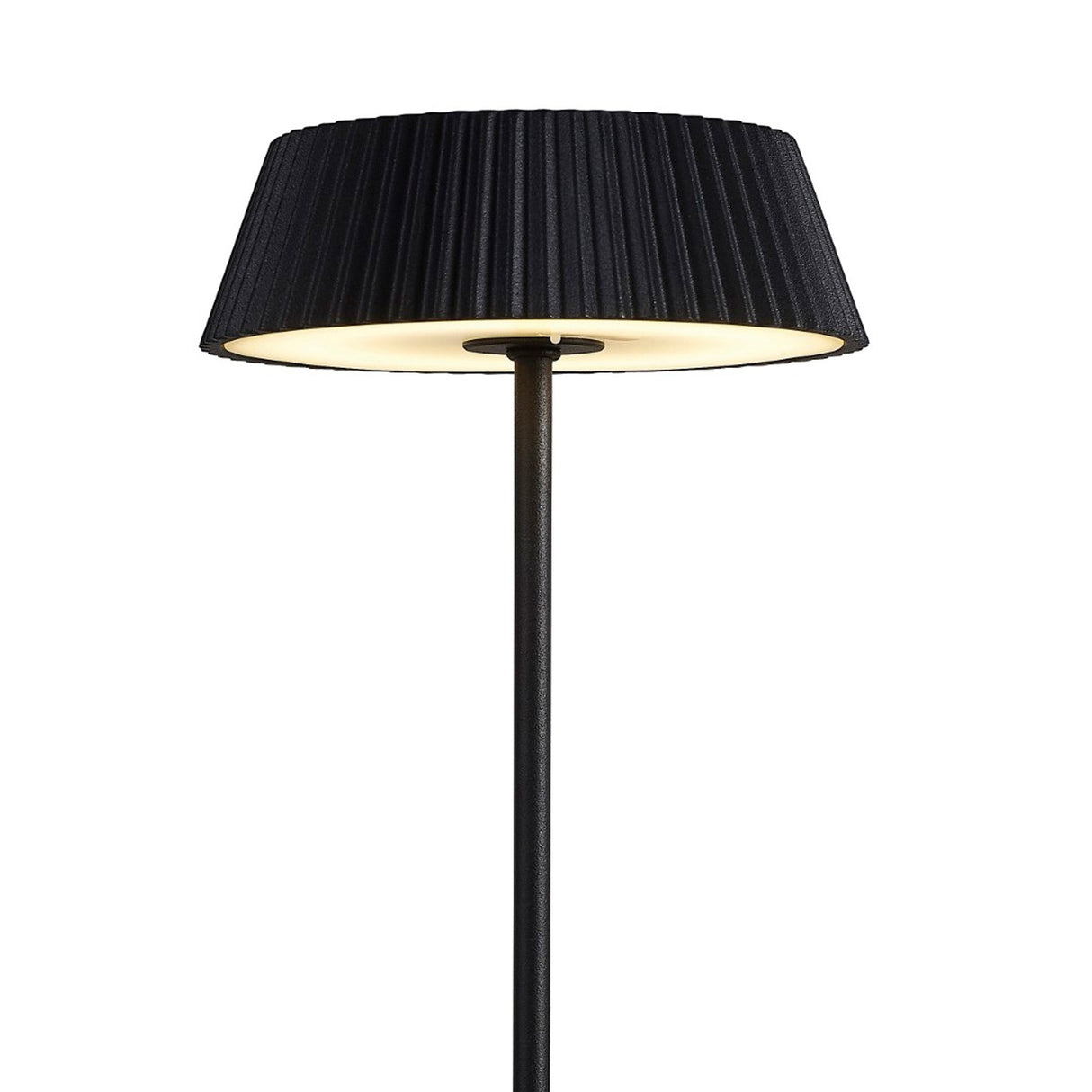 The Relax Touch Dimmable LED Battery Outdoor Table Lamp in black features a modern rechargeable design with a tall stand and wide round pleated lampshade, illuminated from below, shown against a plain white background.