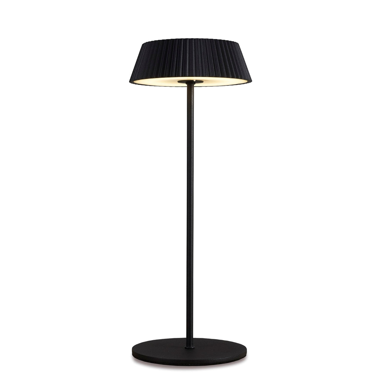 The Relax Touch Dimmable LED Battery Outdoor Table Lamp in black features a sleek design, pleated lampshade, and touch dimmer technology, shown illuminated against a plain white background.