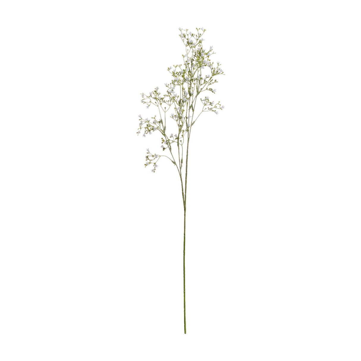 Hill Interiors White Gypsophila Spray, a 72cm faux baby's breath stem with tiny white blooms and buds on fine green branches, on a plain white background.
