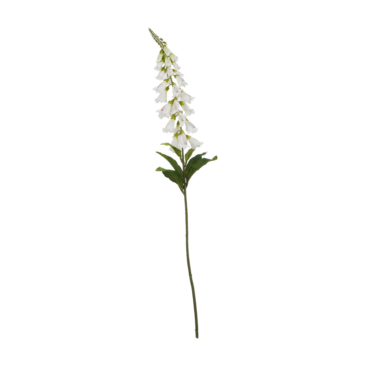 Hill Interiors White Foxglove faux flower stem with tapering bell-shaped blooms and green leaves, shown against a plain white background.