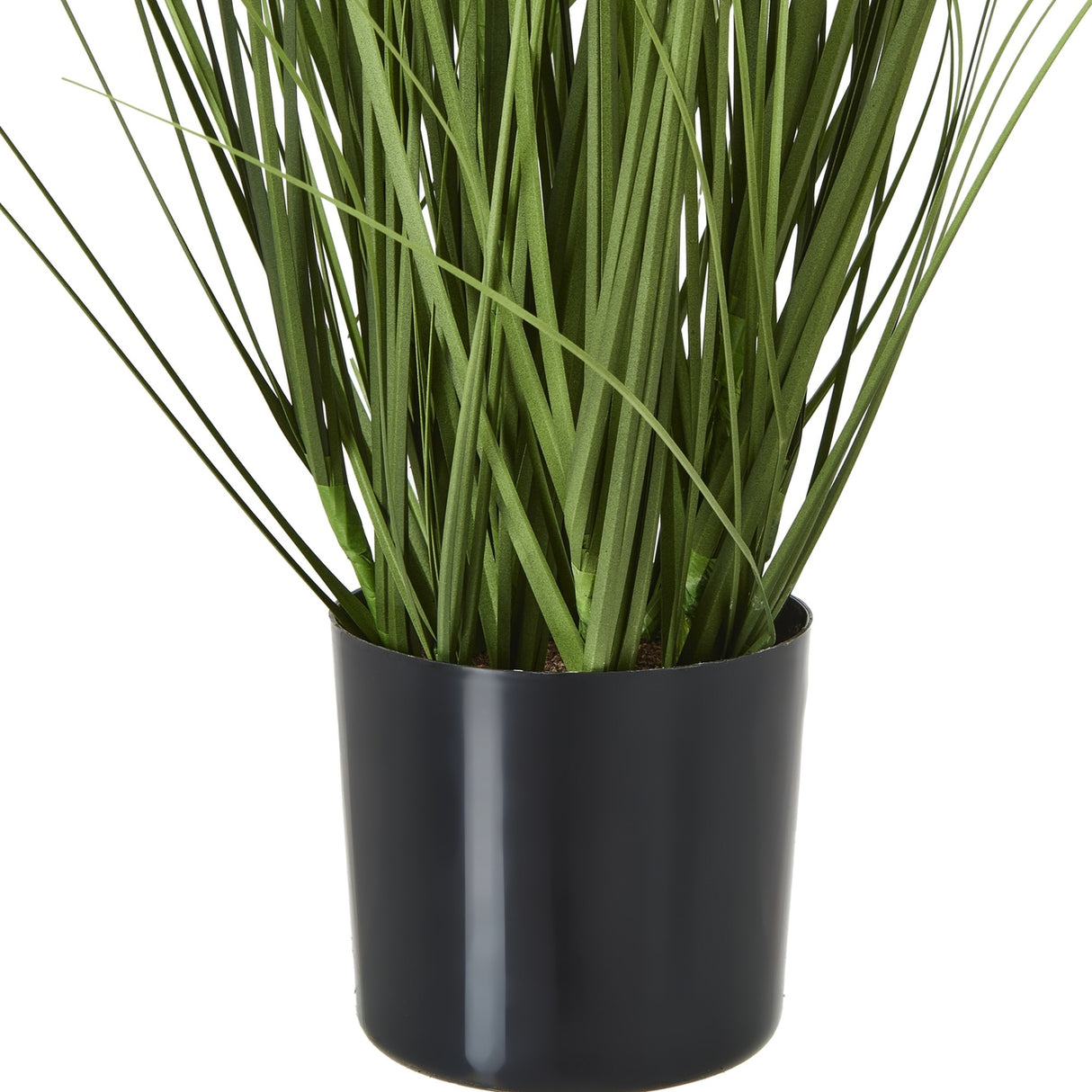 Close-up of Hill Interiors White Agapanthus faux potted plant showing long green strappy leaves and slender stems rising from a matte black round pot.