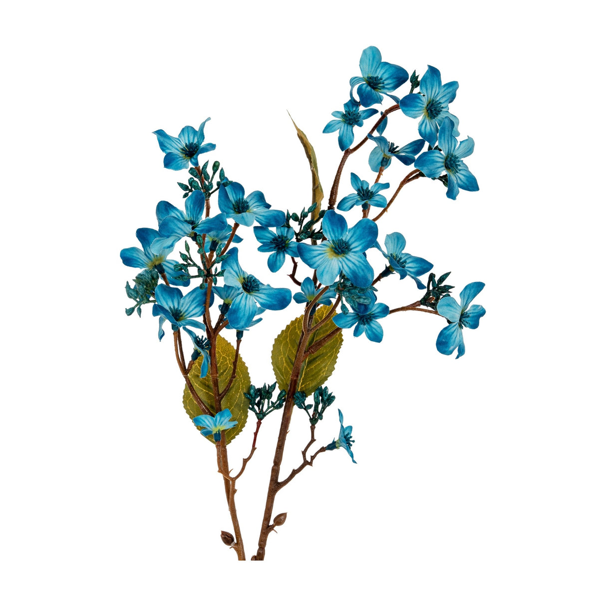 Hill Interiors Blue Vernicia Fordii Spray faux stem with muted blue five-petal blossoms, buds and green leaves on bendable branches, on a white background.