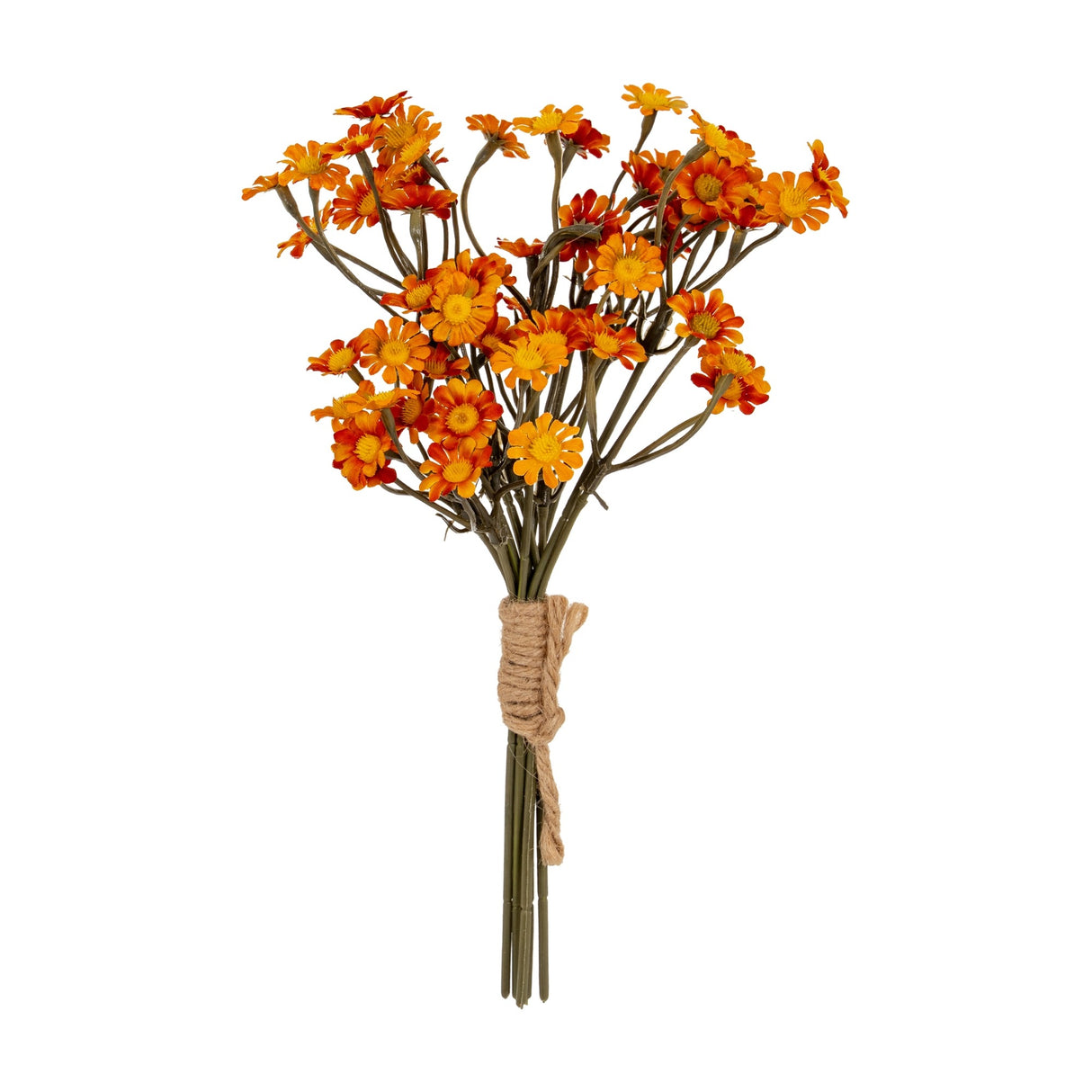 Hill Interiors Orange Daisy Bunch, a faux flower stem arrangement with orange daisies and green stems tied with jute twine, on a white background.