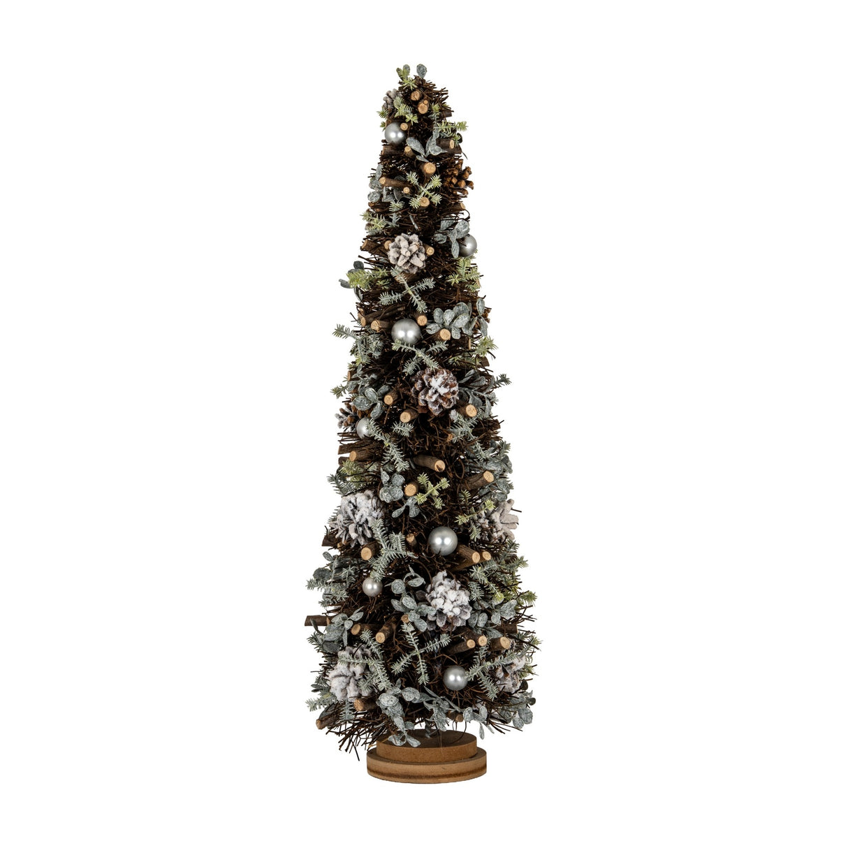 Hill Interiors Large Frosted Forest Tree with frosted foliage, pinecones and silver pearls on a round wooden base, shown against a white background.