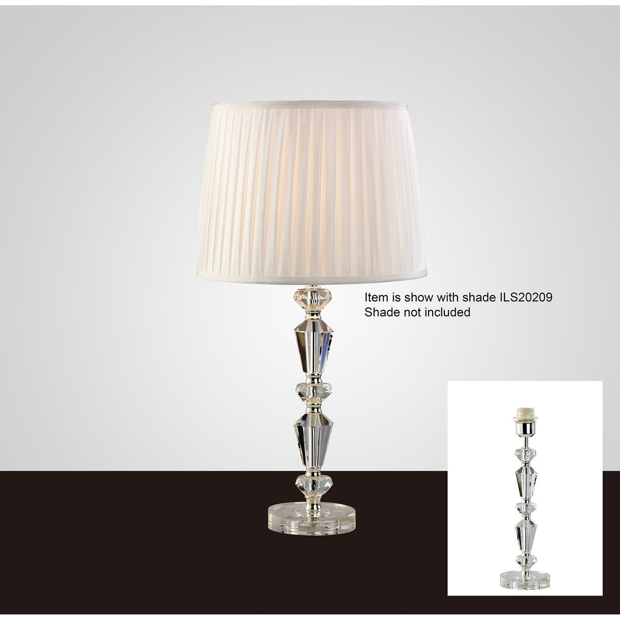 The main image shows the Renee 1 Light Crystal Table Lamp - Silver (Without Shade) with a pleated white lampshade, while an inset displays just the faceted clear crystal base. Text notes that the shade is not included.