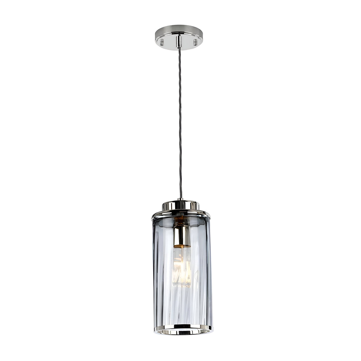 Introducing the Reno 1 Light Pendant - Polished Nickel, Smoke Glass, a sleek and minimalist fixture. This contemporary pendant light features a cylindrical smoke glass shade and polished nickel fittings, highlighting a single exposed bulb. It is elegantly suspended from the ceiling with a metal rod for a sophisticated look.