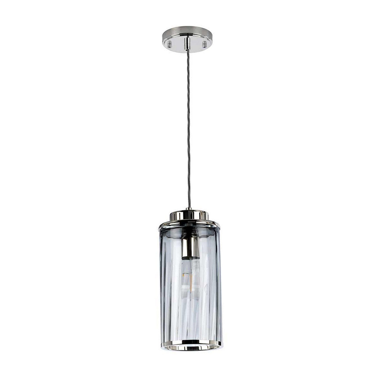The Reno 1 Light Pendant features a sleek, smoke glass cylindrical shade gracefully hanging from the ceiling. It showcases polished nickel accents and a visible bulb inside, suspended by a black cord and securely attached to a circular ceiling mount.
