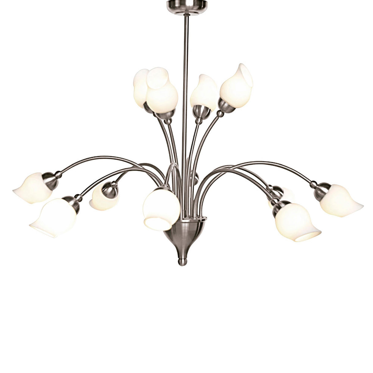 Rimini 69cm 12 Light Opal Glass Chandelier - Satin Chrome