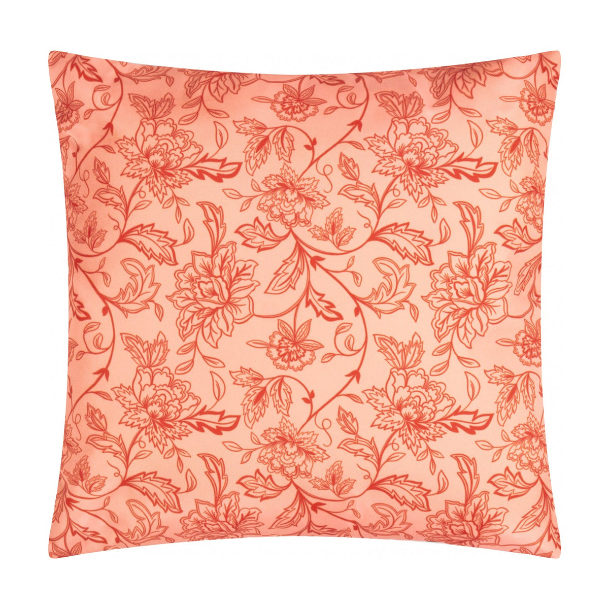 Square 45x45cm Anemone reversible polyester cushion showing tonal coral and red Jacobean-inspired floral print on a peach ground, plain white background.