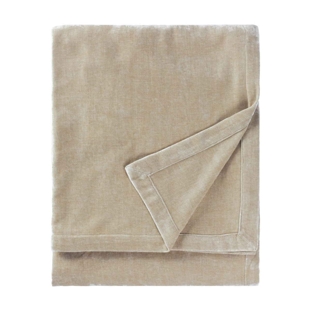 Heavy Chenille Eyelet Linen Throw in beige, folded to show its plush velvety chenille texture and finished edge, on a plain white background.