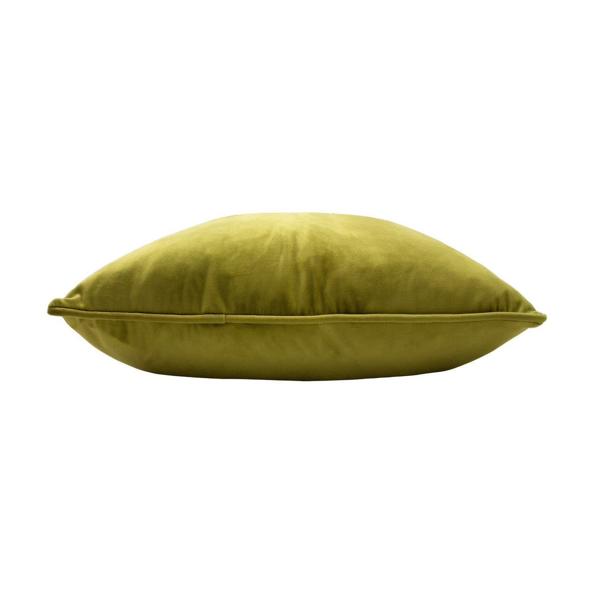 Side view of the Hortus Animal Velvet Cushion in olive green velvet, showing its plump, full square shape with piped edge detailing, set against a plain white background.