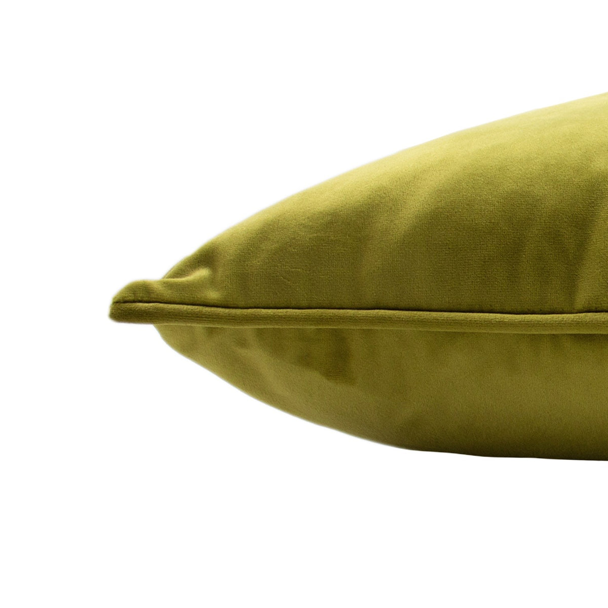 Close-up corner view of the Hortus Animal Velvet Cushion in olive green, showing piped edging and the plush velvet texture against a white background.