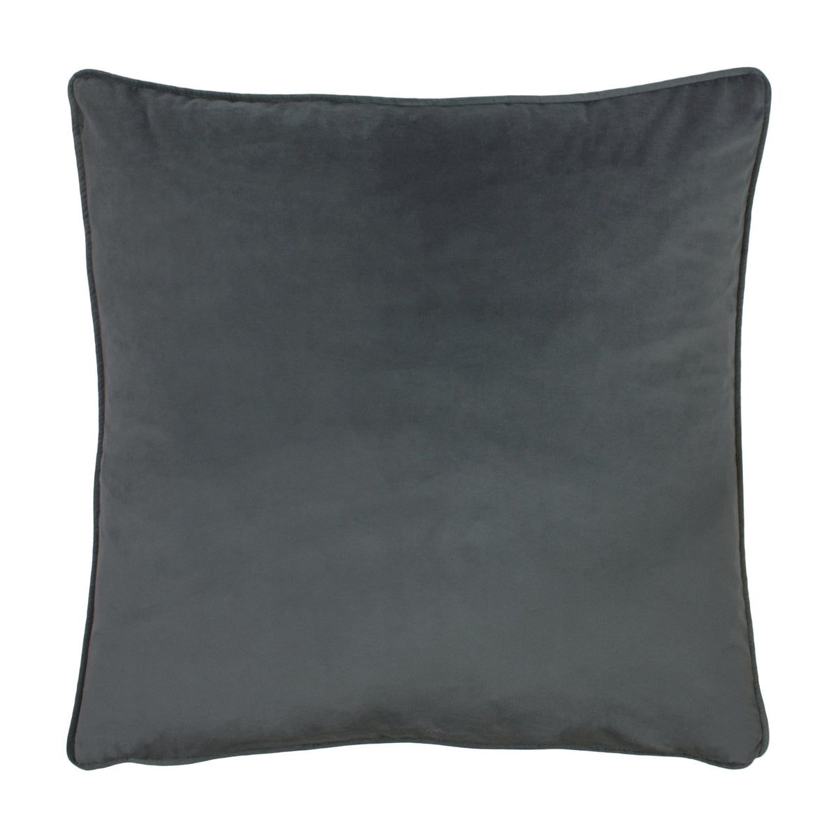 Opulence Plain Velvet Cushion in granite, a square charcoal-grey velvet cushion with a plain surface and self-coloured piped edge, shown on a plain white background.