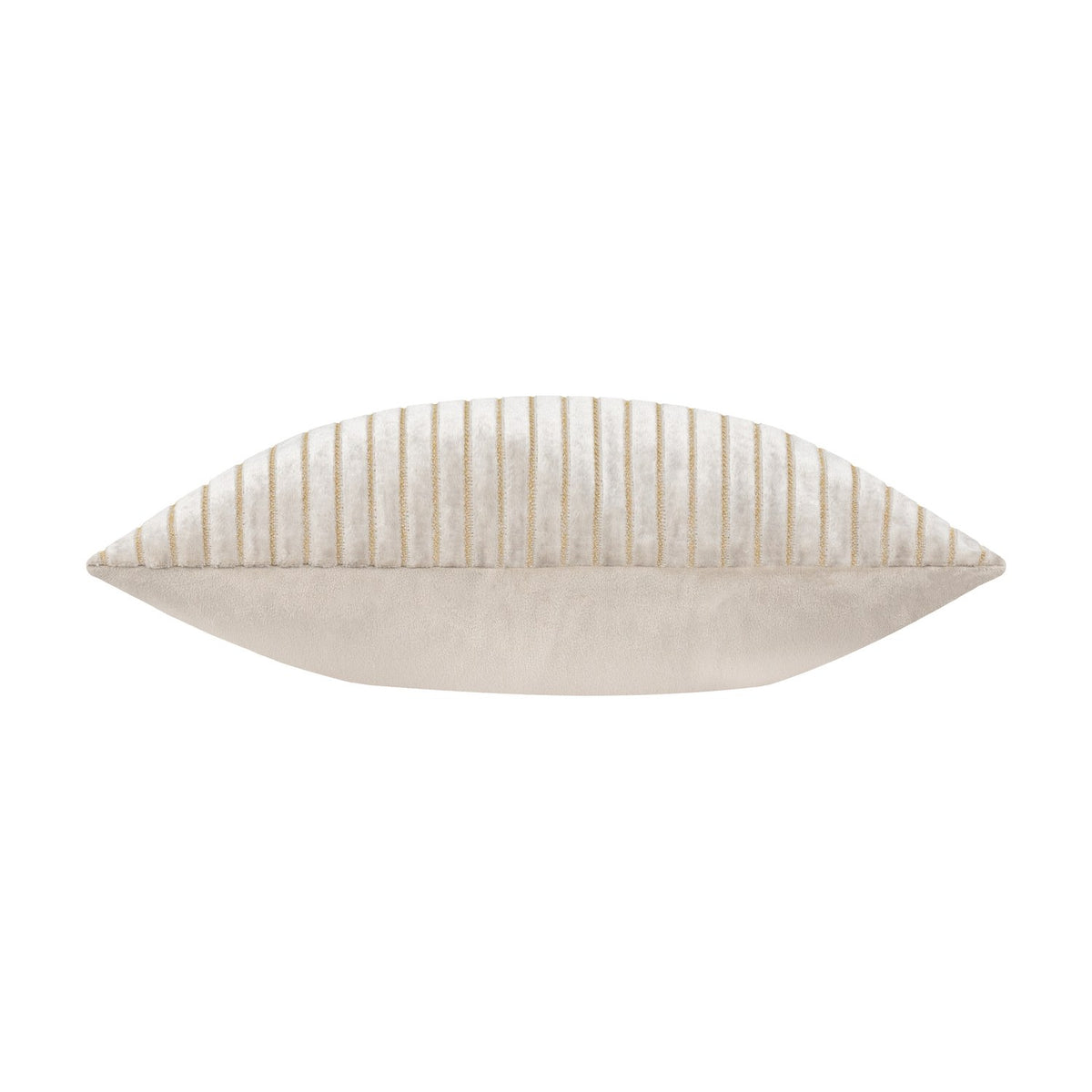 Savoy Stripe polyester velvet cushion in oyster cream, shown side-on with a ribbed striped velvet front and smooth velvet reverse, on a white background.