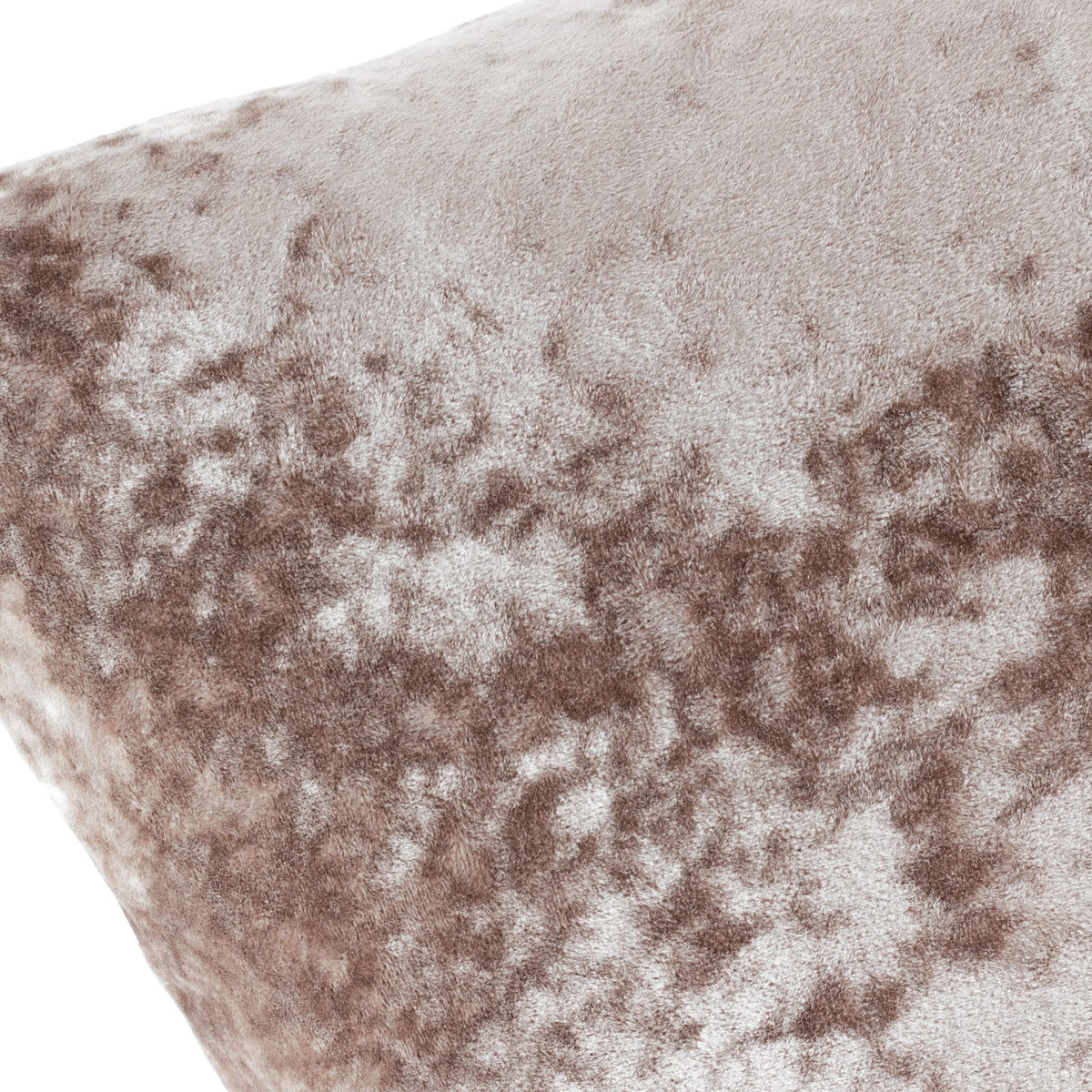 Close-up of the Verona Polyester Velvet Cushion in Oyster, showing a crushed velvet-look pile with light and dark mottled beige-brown tones catching the light.