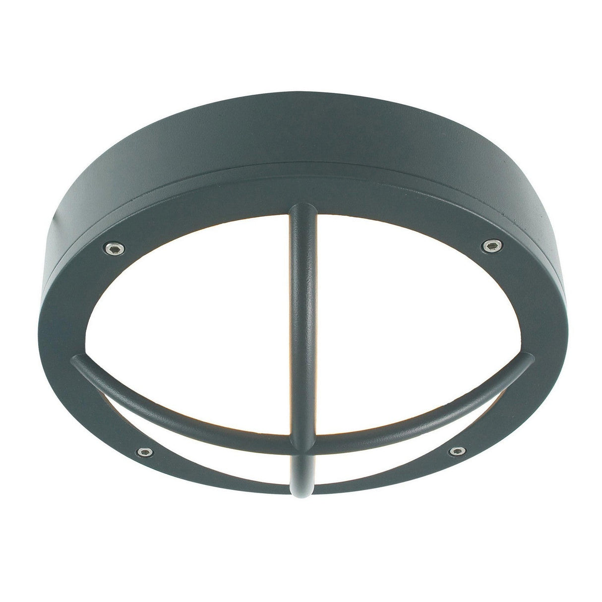 The Rondane Outdoor LED Wall Light in graphite, featuring a round black metal frame with a grid design and white frosted glass, is an energy-efficient lighting solution ideal for outdoor or industrial use, offering durability with its IP65 rating.