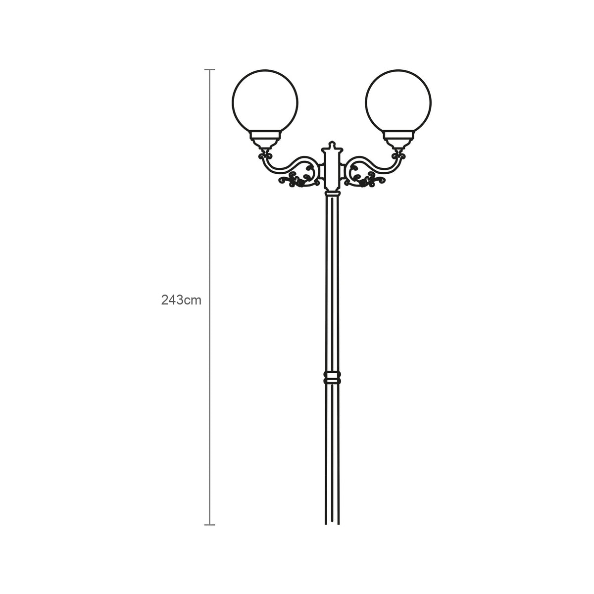 Rondel cast aluminium outdoor lamp post, 243cm tall, with 2 opal globe lanterns on scrolled arms atop a decorative black column, shown as a line drawing with height marker on white background.