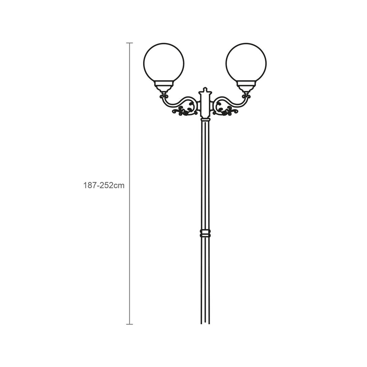 Rondel cast aluminium outdoor lamp post, 187-252cm, with adjustable column and two opal globe lanterns on scrolled arms, black finish, shown as a line illustration on a white background.