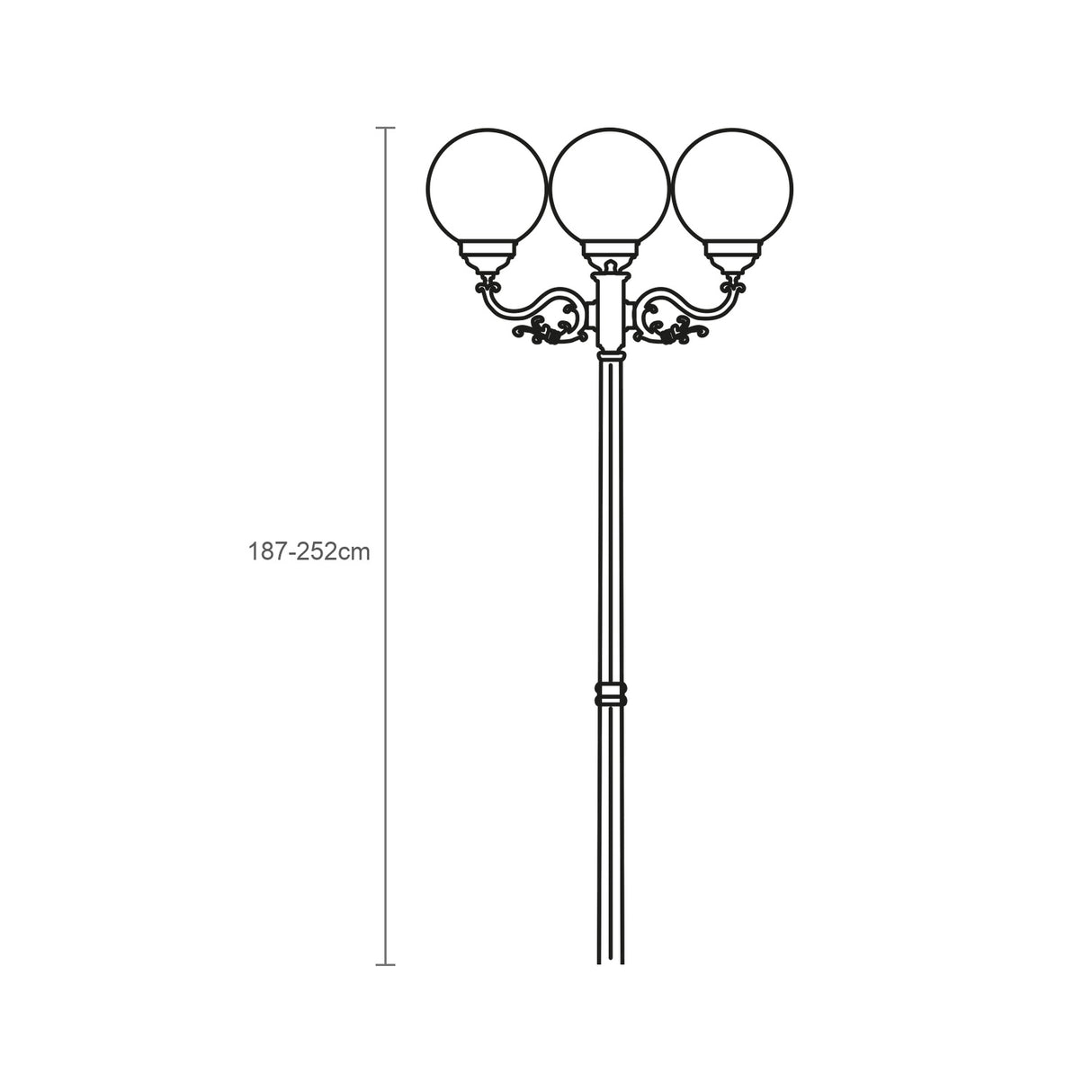 Line drawing of the Rondel cast aluminium outdoor lamp post with 3 opal globe lanterns atop a black column, height 187-252cm, on a white background.