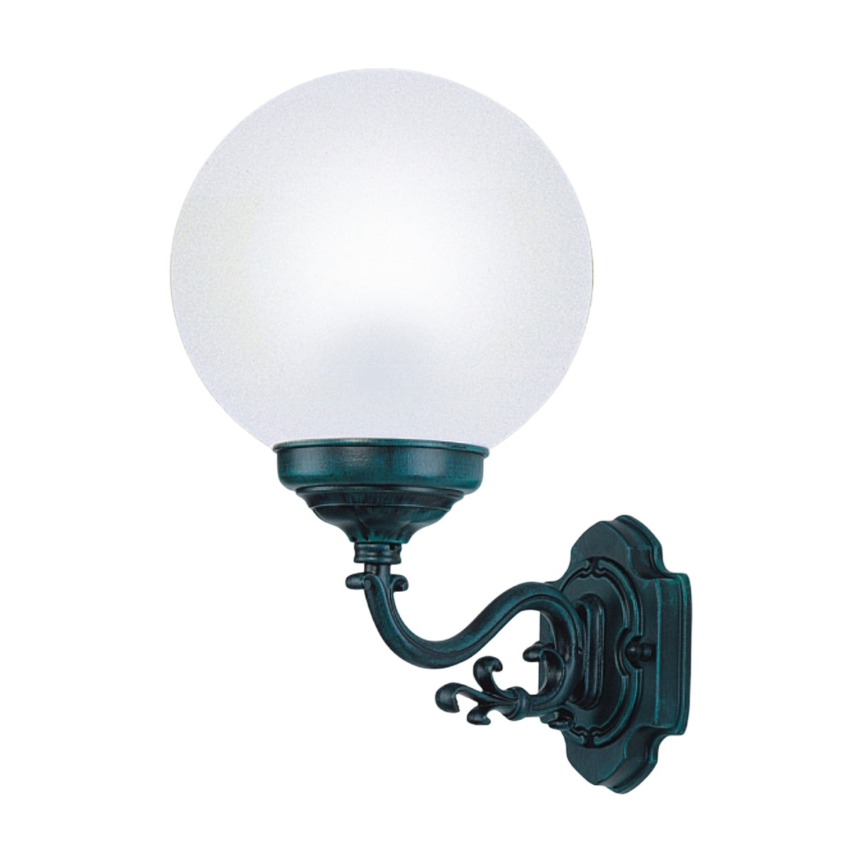 Rondel Large cast aluminium outdoor wall lantern with opal globe shade on a scrolled bracket, green finish, shown on a plain white background.