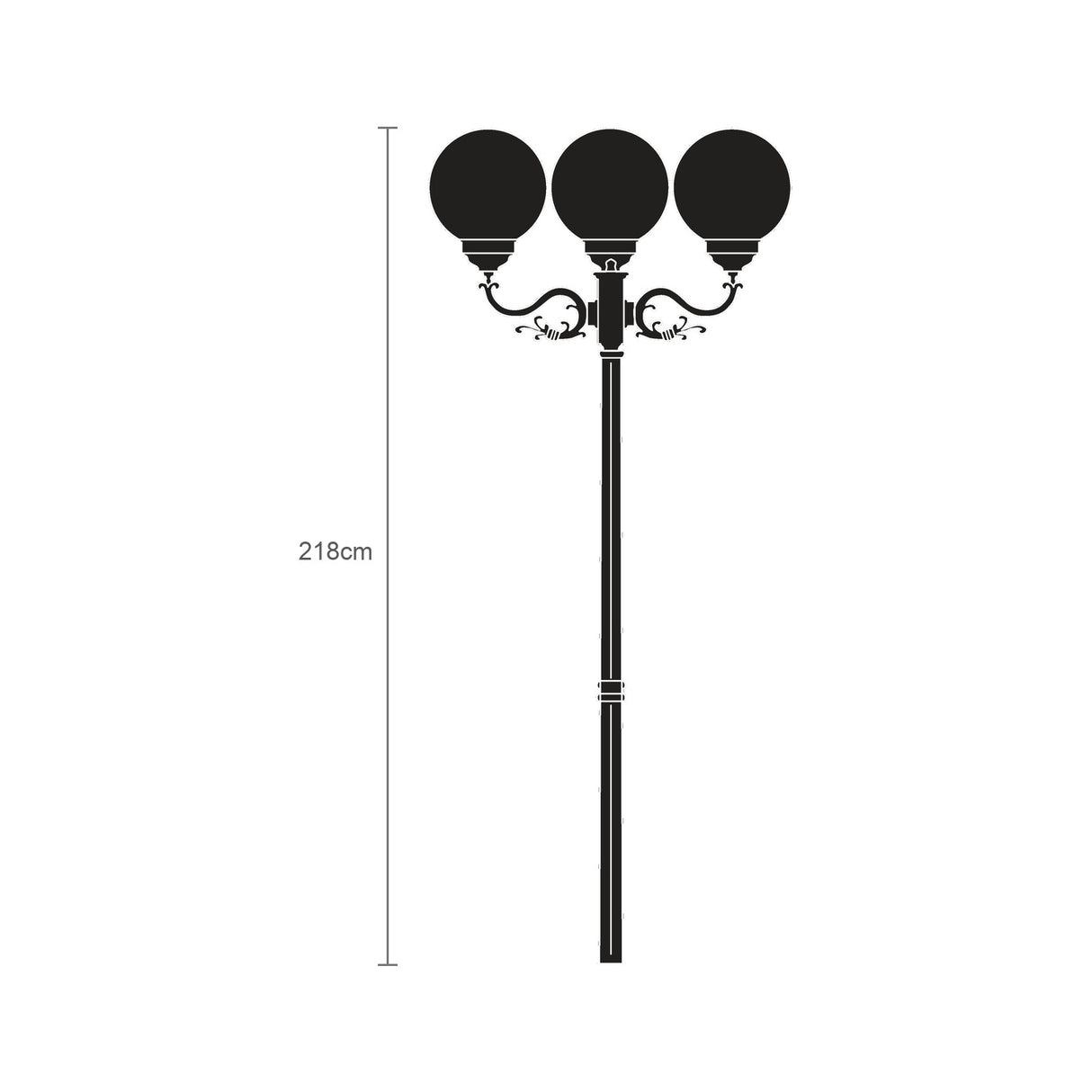 Rondel Low cast aluminium outdoor lamp post, 218cm column with 3 globe lanterns and scrolled arm brackets, black finish, shown on a plain white background.