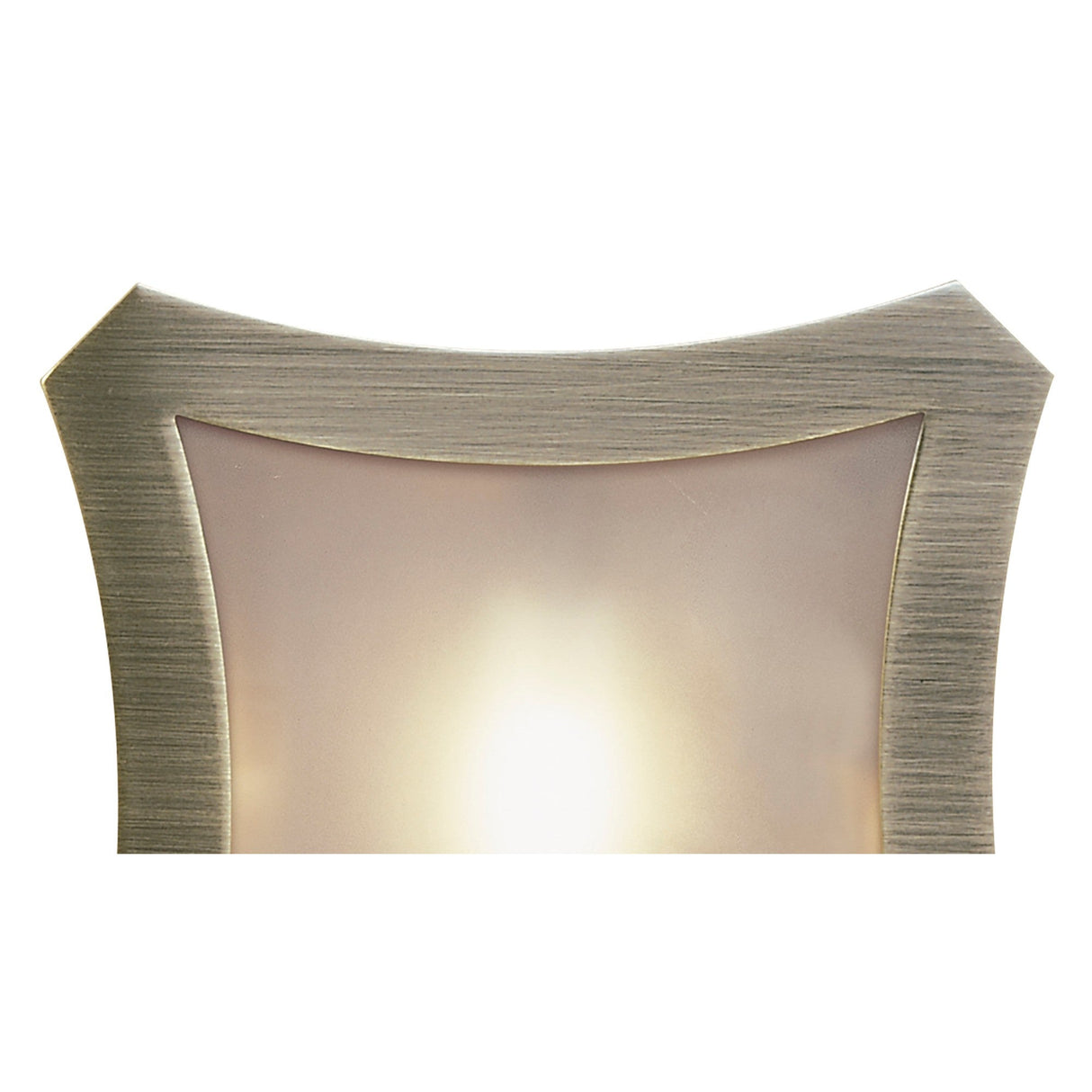 Close-up of the Mantra Rosa Del Desierto flush ceiling light showing the curved antique brass frame and frosted glass shade illuminated from within.