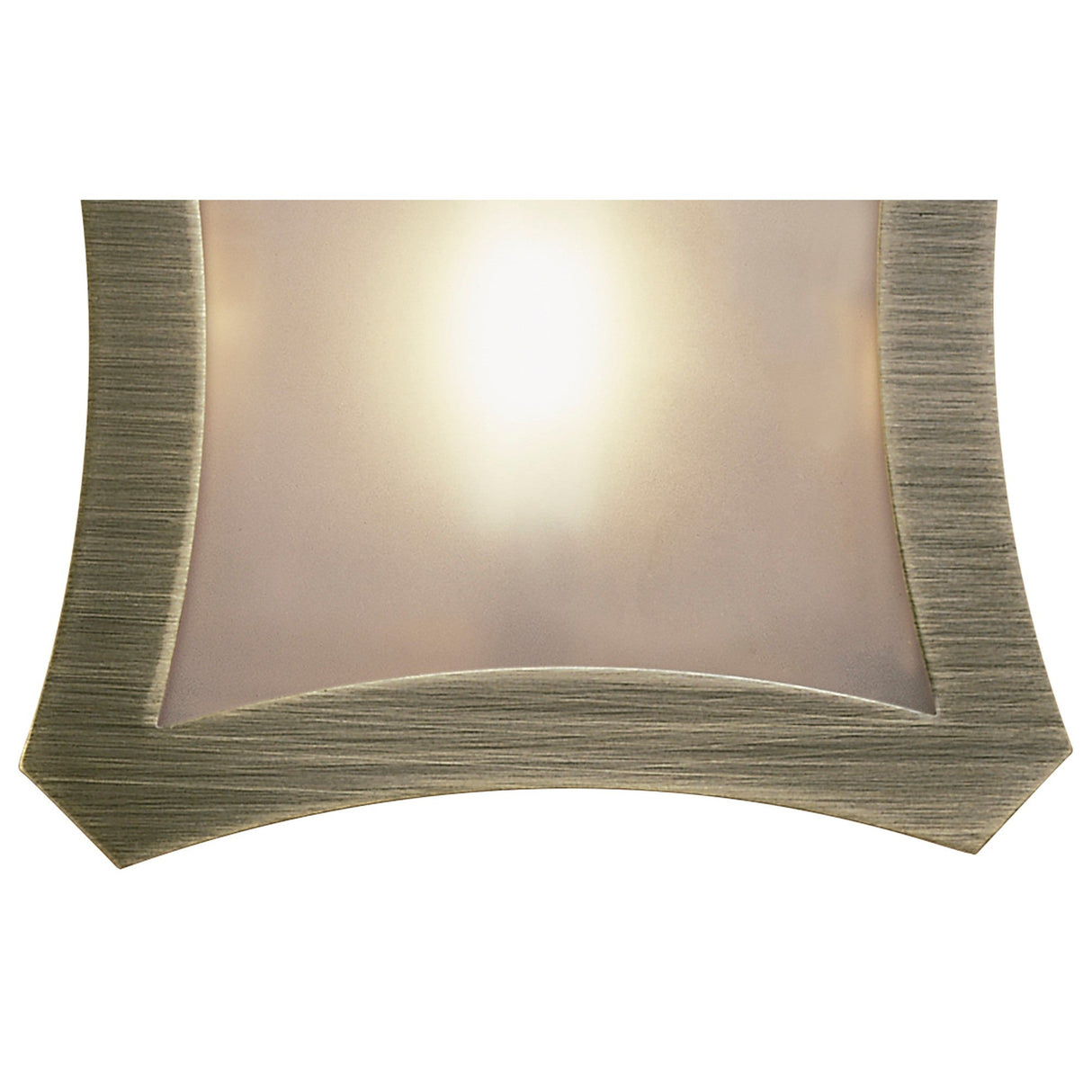 Close-up of Mantra Rosa Del Desierto flush ceiling light showing the curved antique brass corner frame and frosted glass shade illuminated by the bulb.