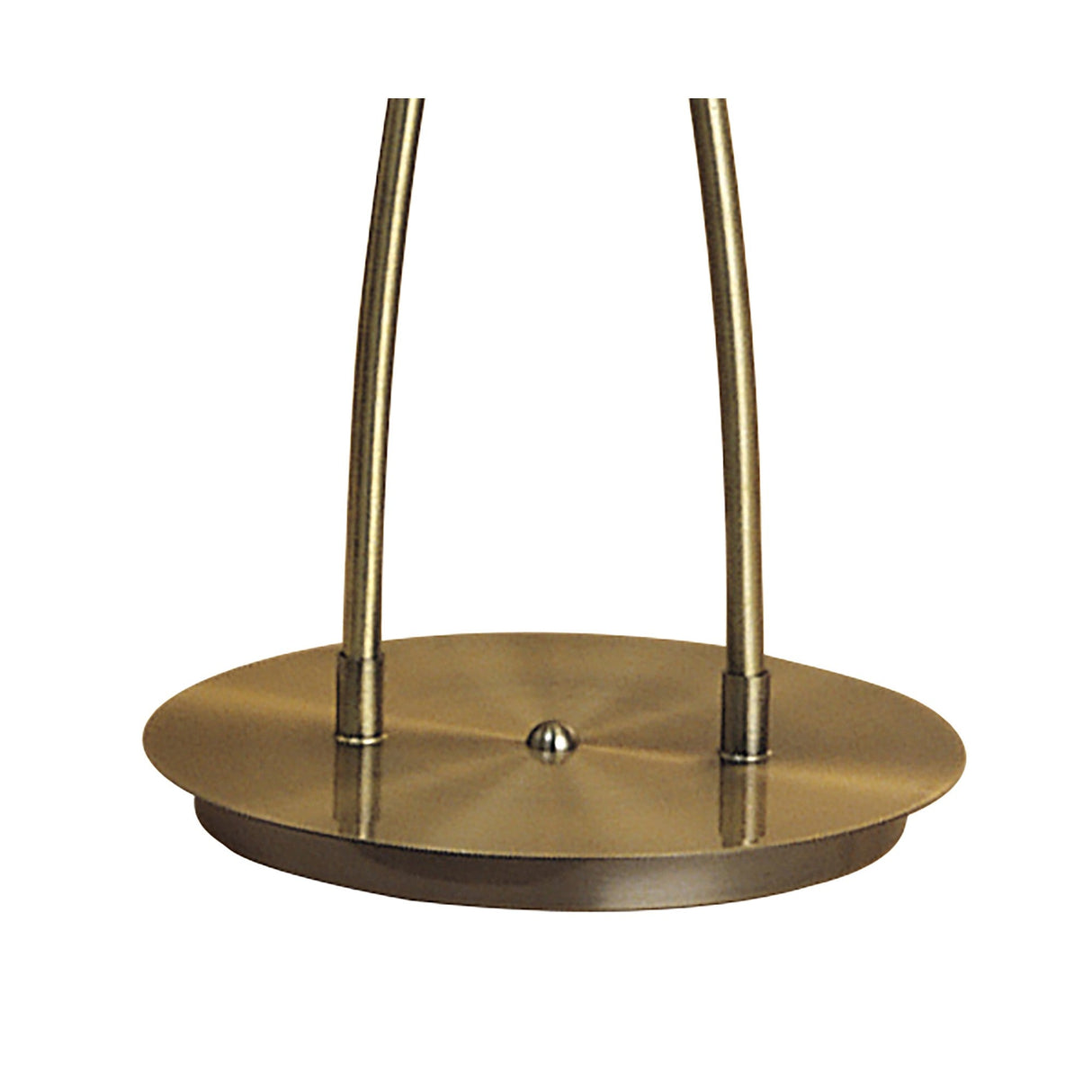 A close-up of the Rosa Del Desierto 2 Light Floor Lamp in antique brass, showcasing two vertical rods on a round, flat base with a brushed finish for elegant ambient lighting.